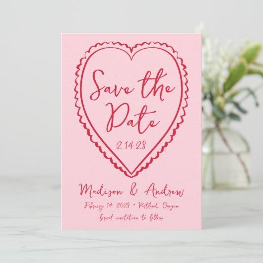 Gekke roze en rode hart bruiloft save the date (Staand voorkant)