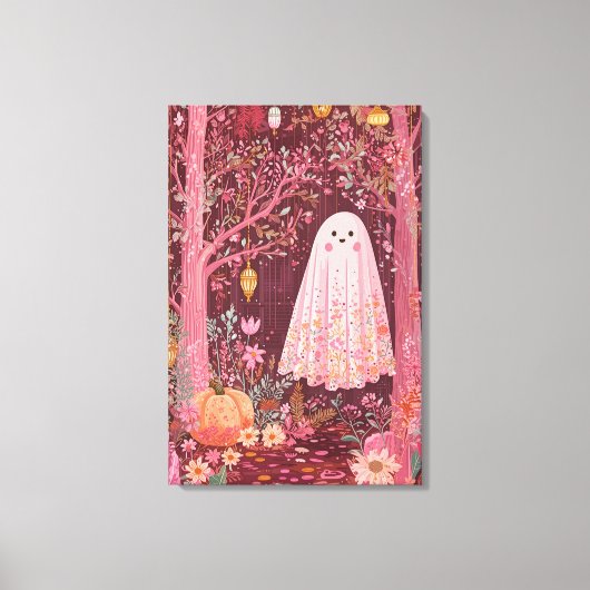 Gekke Roze Geest in betoverd bloemenbos Canvas Afdruk (Voorkant)