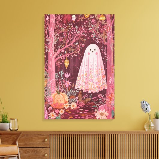 Gekke Roze Geest in betoverd bloemenbos Canvas Afdruk (Insitu (Woonkamer))