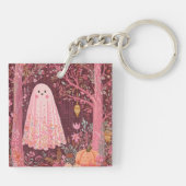 Gekke Roze Geest in betoverd bloemenbos Sleutelhanger (Achterkant)