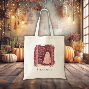 Gekke Roze Geest in betoverd bloemenbos Tote Bag