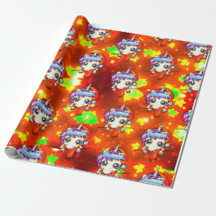 Gekke Santa Unicorn met gouden herfstbladeren Cadeaupapier