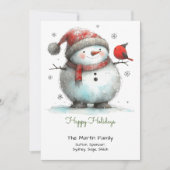 Gekke Schattigee sneeuwman en rode vogel blij Feestdagenkaart (Voorkant)