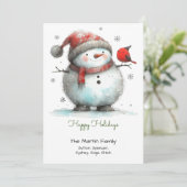 Gekke Schattigee sneeuwman en rode vogel blij Feestdagenkaart (Staand voorkant)