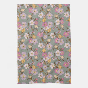 Gekke Slingerende Bloemen en Vogels Keukenhanddoek