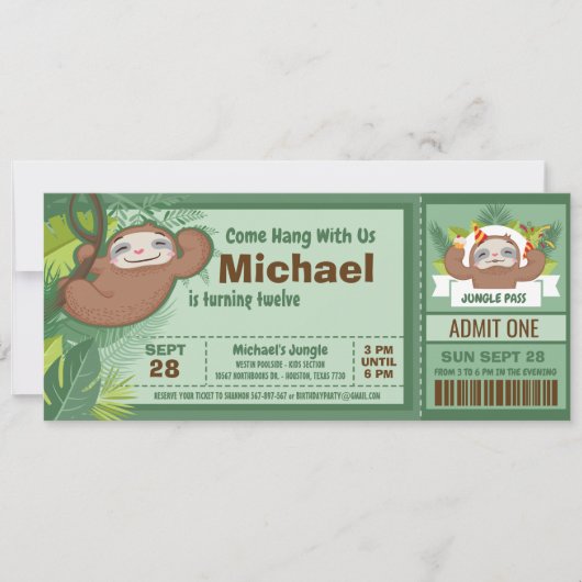 Gekke "Sloth Boy" Oerwoud Ticket Pass Birthday Par Kaart (Voorkant)