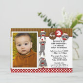 Gekke SOCK MONKEY Birthday Invitation SMR (foto) Kaart (Staand voorkant)