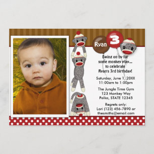 Gekke SOCK MONKEY Birthday Invitation SMR (foto) Kaart