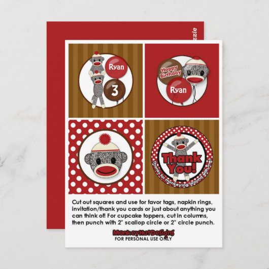 Gekke SOCK MONKEY Verjaardag Cupcake Topper SMR. Briefkaart (Voorkant / Achterkant)