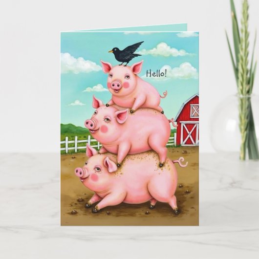 Gekke Stack Of Pigs Barnyard Fun Thinking Of You Kaart (Voorkant)
