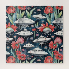 Gekke vliegende schotels en rode bloemen marine legpuzzel