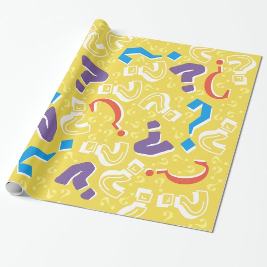 Gekke vraagtekens mysterie raadsel geel cadeaupapier (Uitgerold)