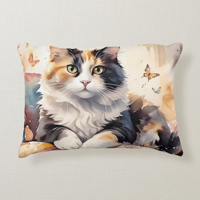 Gekke Waterverf Calico Cat en Butterflies Accent Kussen (Voorkant)