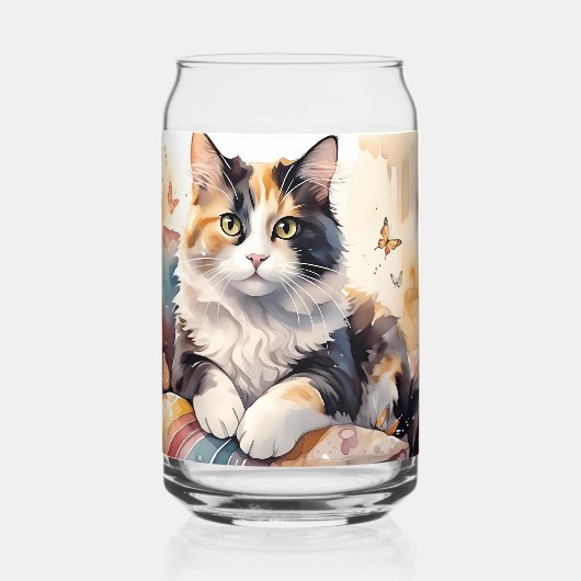 Gekke Waterverf Calico Cat en Butterflies Blikvorm Glas (Voorkant)