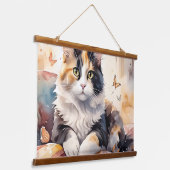 Gekke Waterverf Calico Cat en Butterflies Hangend Wandkleed (Gebogen)