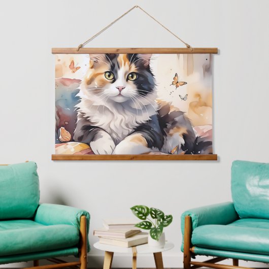 Gekke Waterverf Calico Cat en Butterflies Hangend Wandkleed (Woonkamer)