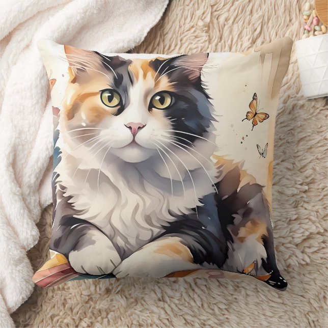 Gekke Waterverf Calico Cat en Butterflies Kussen (Deken)