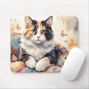 Gekke Waterverf Calico Cat en Butterflies Muismat