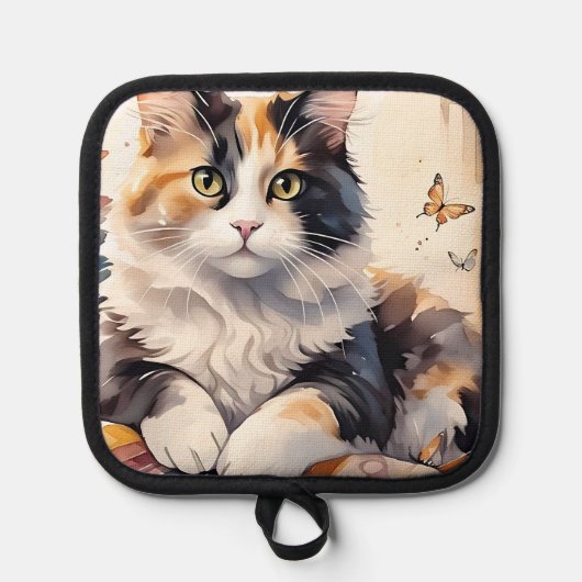 Gekke Waterverf Calico Cat en Butterflies Pannenlap (Voorkant)