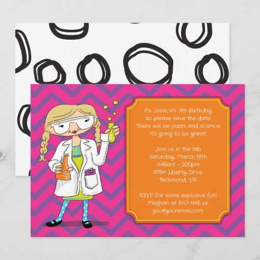 Gekke Wetenschappelijke Uitnodiging: Blond Meisje Kaart (Voorkant / Achterkant)