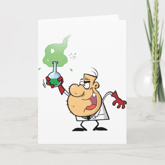 Gekke wetenschapper die bubbelende Erlenmeyer houd Kaart (Voorkant)