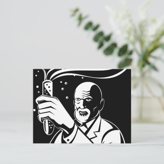 gekke wetenschapper houdt testbuis tegen briefkaart (Staand voorkant)