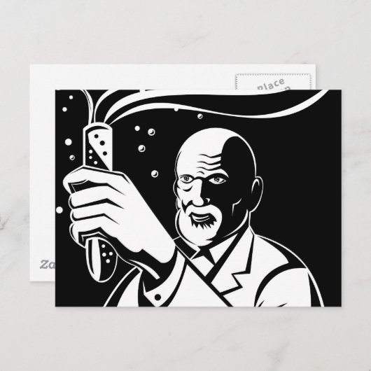 gekke wetenschapper houdt testbuis tegen briefkaart (Voorkant / Achterkant)