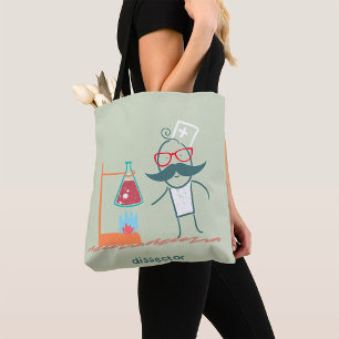 Gekke wetenschapsontleder met snor tote bag