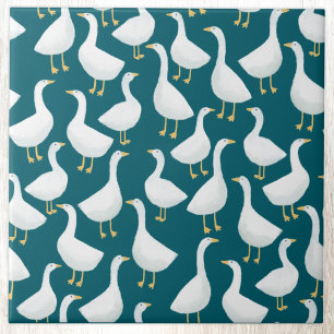 Gekke Witte Gans Teal Groen Cottagecore Patroon Tegeltje