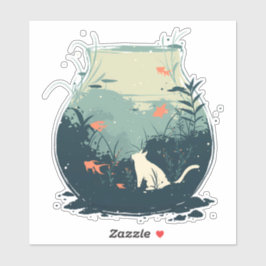 Gekke Witte Kat Gevangen In Een Vissenkom Sticker