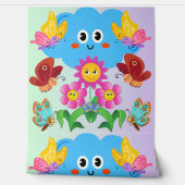 Gekke wolk met vrolijke vlinders en bloemen behang (Afrollen)