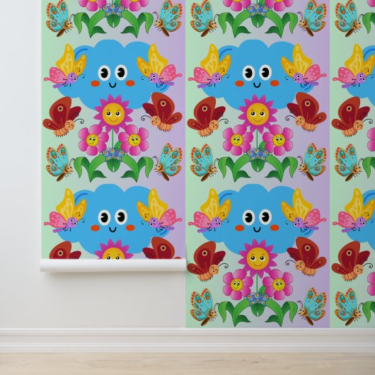 Gekke wolk met vrolijke vlinders en bloemen behang (Applicatie)