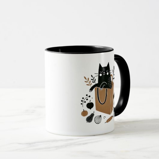 Gekke zwarte kat die in een boodschappentas zit mok (Voorkant rechts)