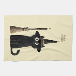 Gekke Zwarte Kat Gelukkig Halloween Theedoek