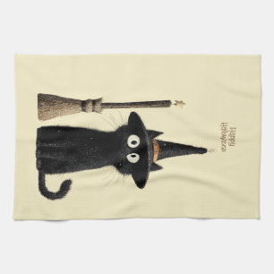 Gekke Zwarte Kat Gelukkig Halloween Theedoek