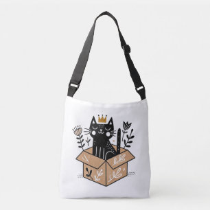 Gekke zwarte kat in een doos met kroon crossbody tas