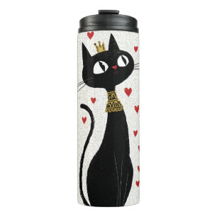 Gekke zwarte kat koningin met gouden kroon thermosbeker