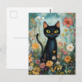 Gekke zwarte kat met wilde bloemen illustratie briefkaart (Voorkant / Achterkant)
