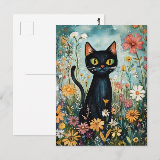 Gekke zwarte kat met wilde bloemen illustratie briefkaart (Voorkant / Achterkant)