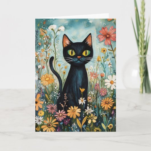 Gekke zwarte kat met wilde bloemen illustratie kaart (Voorkant)