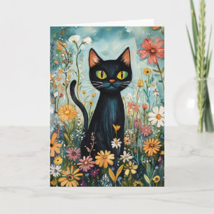 Gekke zwarte kat met wilde bloemen illustratie kaart