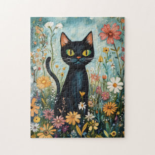 Gekke zwarte kat met wilde bloemen illustratie legpuzzel