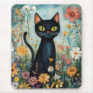 Gekke zwarte kat met wilde bloemen illustratie muismat