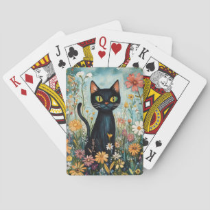 Gekke zwarte kat met wilde bloemen illustratie pokerkaarten