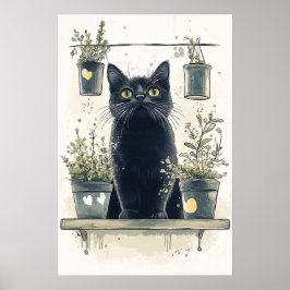Gekke zwarte kat op een Planten plank Poster