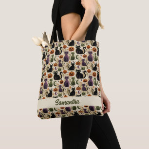 Gekke zwarte katten en Halloween pompoenen Tote Bag