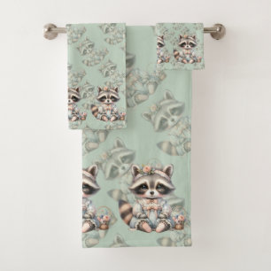 geklede Cottagecore Raccoon Pastel Bad Handdoek