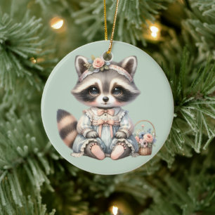  geklede Cottagecore Raccoon Pastel Keramisch Ornament