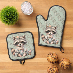geklede Cottagecore Raccoon Pastel Ovenwant & Pannenlap Set