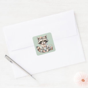 geklede Cottagecore Raccoon Pastel Vierkante Sticker